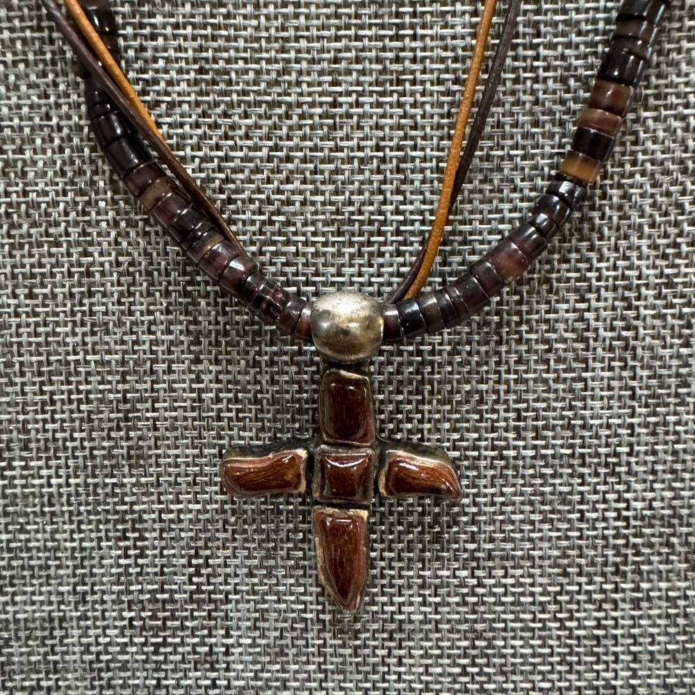Studio Barse Necklace With Sterling/Stone Cross on leather and stone necklace